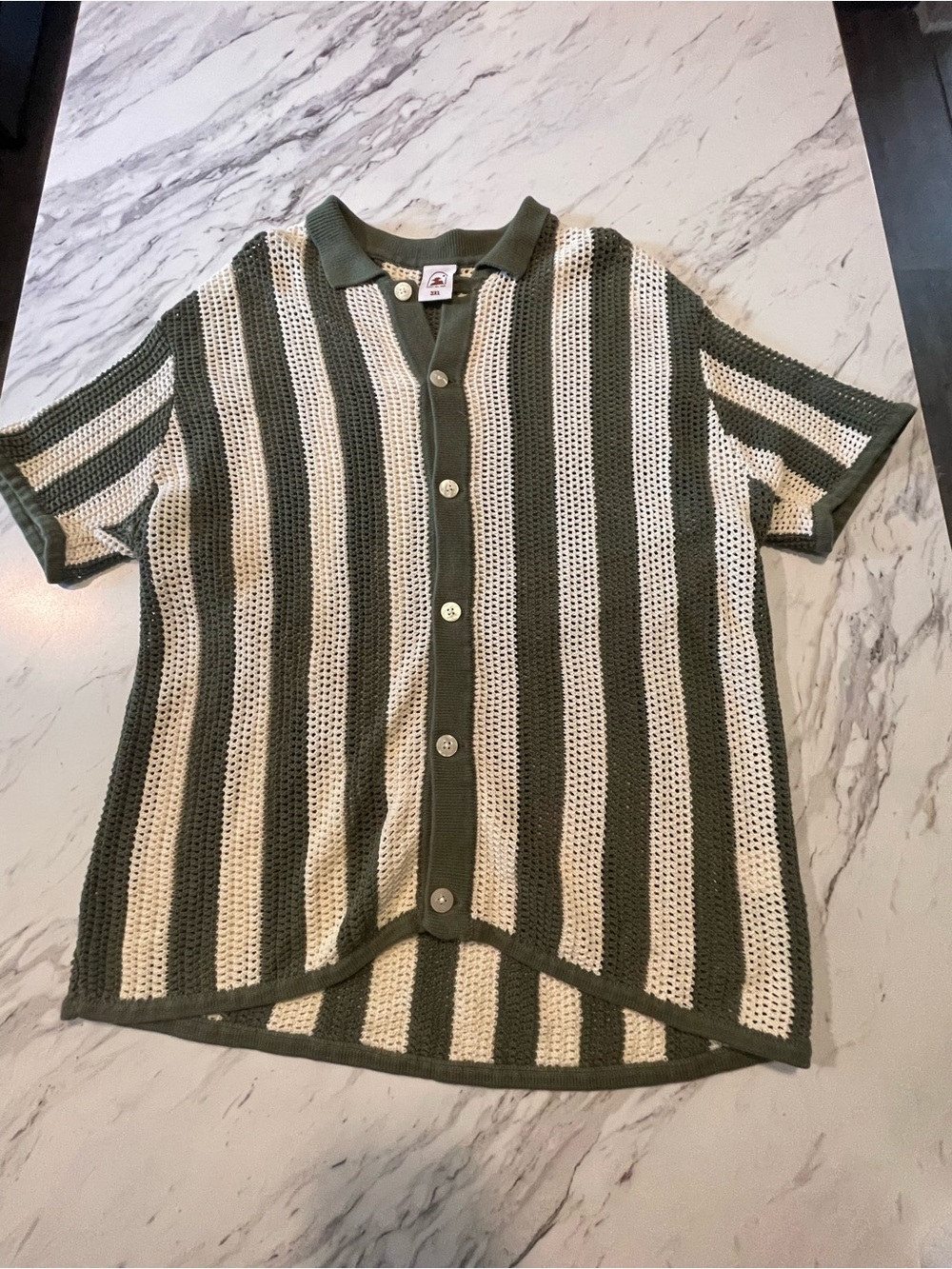 Dandy Del Mar Men's Green and Cream Stripe crochet Short-Sleeve Knit‎ Shirt
